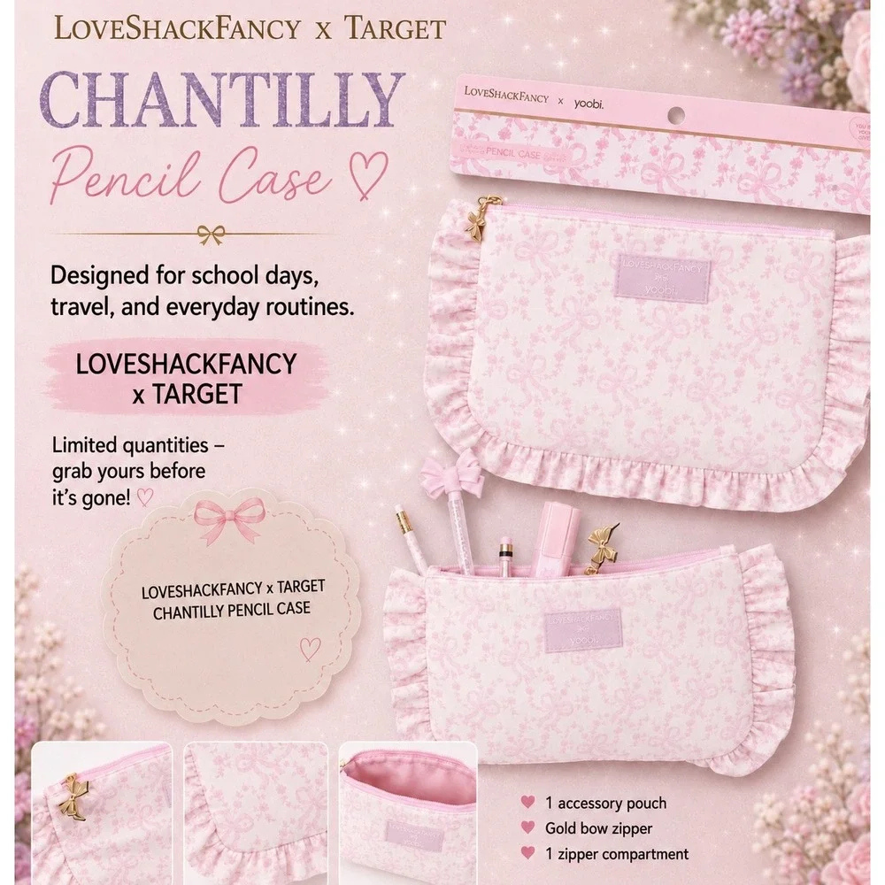LoveShackFancy x Yoobi Chantilly Pencil Case Accessory Pouch Pink Bow Floral NWT